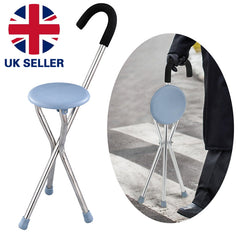 Folding Cane Seat Chair Walking Stick Tripod Hiking Stool Adjustable Height
