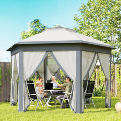 3 X 4m Metal Frame Hexagon Gazebo, With Curtains - Grey