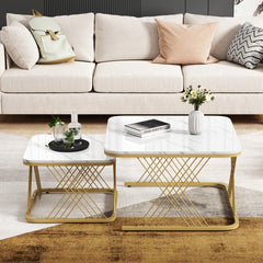 Nest Of 2 Tables,Square Coffee Table Set,Nesting Sofa Table,Multi-functional End Side Table,Nesting Tables With Gold Metal Frame Legs And Marble Pattern White Top For Living Room,70x70x43cm,White Gold