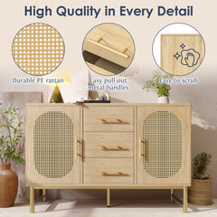 Rattan Sideboard Storage Cabinet With 2 Doors 3 Drawers, Storage Cabinet For Living Room, Bedroom, And Hallway, Metal Handles, Adjustable Shelves, Anti-Tip, 120 X 40 X 74 Cm, Oak