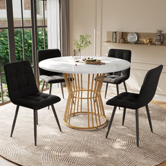 Dining Table Set  5-piece , Dining Table Set With 4 Chairs, Kitchen Table Set, Round Dining Table With 100 Cm Diameter And Golden Metal Legs, White MDF Table Top, Black Velvet Dining Chairs