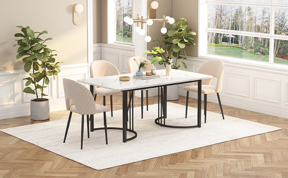 140 X 80cm Dining Table, 1-pcs Modern Kitchen Table, Metal Frame Rectangular Dining Table In Modern Marble Pattern Kitchen Table With Adjustable Feet For Dining Room Living Room, White Black