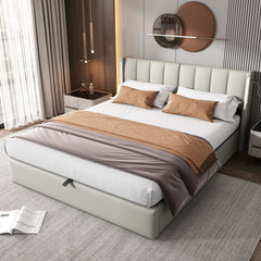 LED Upholstered Super King Size Bed - 6ft 180x200cm With Storage & Hydraulic Lift, USB Charging Ports, Adjustable Headboard & Lighting, PU , Grey
