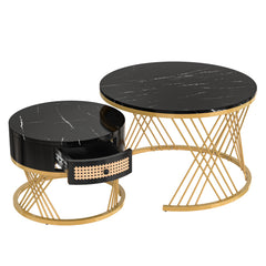 2 In 1 Round Coffee Table Made Of MDF With Marble Grain Veneer Top, Rattan Drawers And Solid Wood Handles. Gold Coloured Iron Legs. 70x70x45.5  50x50x38.5cm