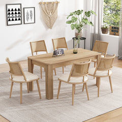Set Of 2, PU Seat, Rattan Backrest, Bamboo Kitchen Chair With Imitation Rattan Backrest And Retro Side Armchair, Suitable For Home, Restaurant, Living Room, Cafe,beige