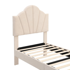 Velvet Upholstered Bed,Single Bed-3ft 90x190cm, Shell-like Bed With Golden Iron Legs, Height-adjustable Headboard, Wooden Slatted Frame