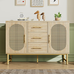 Rattan Sideboard Storage Cabinet With 2 Doors 3 Drawers, Storage Cabinet For Living Room, Bedroom, And Hallway, Metal Handles, Adjustable Shelves, Anti-Tip, 120 X 40 X 74 Cm, Oak