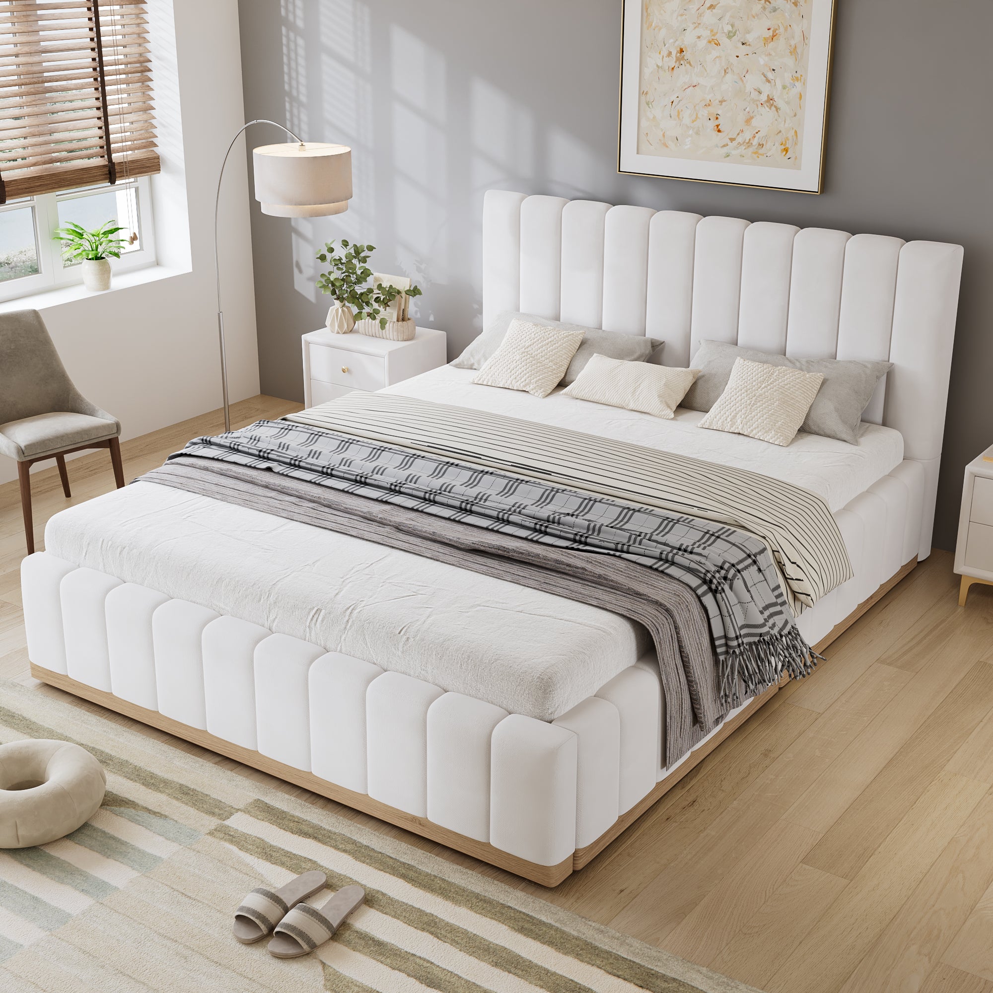 Upholstered Bed, 4ft6 Double Bed 135x190cm, Sturdy Bed Slats, Comfortable Soft Headboard, PU  MDF Plywood, Beige