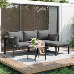 Garden Furniture Set, Corner Set, Sofa  Coffee Table  Footstool, Galvanized Steel Tube, Glass Table Top, Suitable For Gardens, Swimming Pools And Other Outdoor Areas, Grey