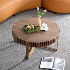 Modern Handcraft Drum Coffee Table 31.5 Inch Round Coffee Table For Living Room,Small Coffee Table With Sturdy Pedestal,Walnut
