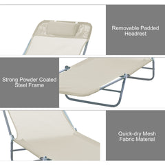 Outdoor Foldable Sun Lounger, Adjustable Backrest Garden Recliner Sun Lounger Chair With Headrest Pillow, Beige