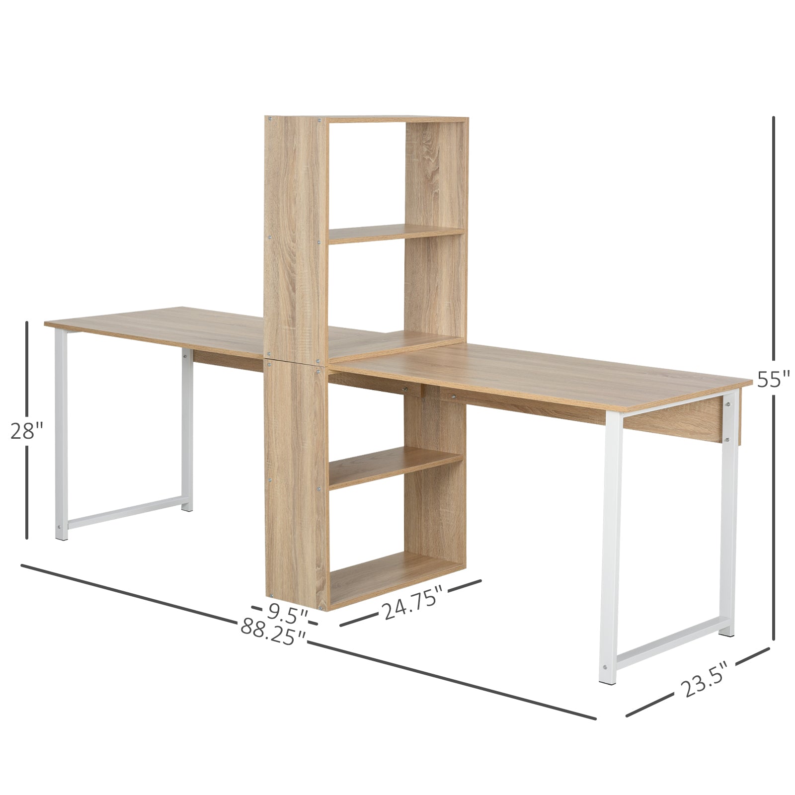 88" Extra Long 2-Person Computer Desk With Storage Shelves Combo, Double Workstation Storage Study Writing Table For Home Office, Bookshelf, Natural Wood Color