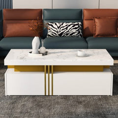 Modern White Rectangular Coffee Table With Marble Pattern Triamine Board Top And 2 Wooden Drawers, Living Room Table, 100x50x40cm