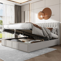 Upholstered Bed,Double Bed-4ft6 135x190cm,with Upholstered Bench 135 X 41 X 42 Cm, With Hydraulic Lever, Functional Storage Bed, Rivet Decoration, Linen, Light Grey