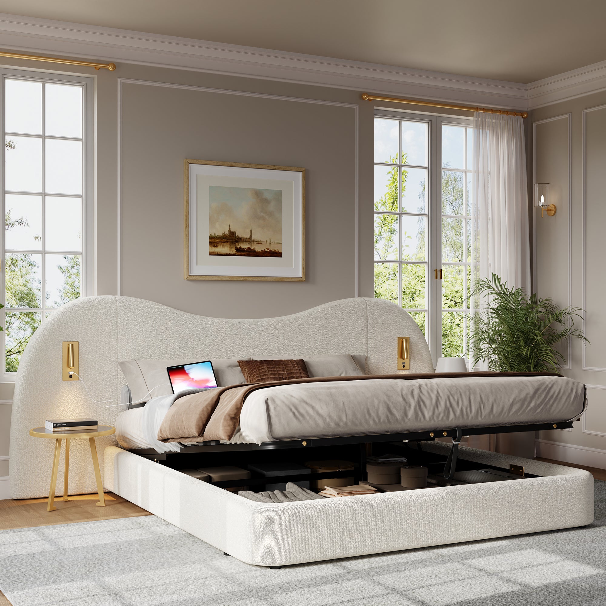 Upholstered Bed, Double Bed, 180 X 200 Cm, Hydraulic Bed With USB Charging Port And Reading Lamp, Bed With Slatted Base, Headboard, And Ample Storage Space, Upholstered Headboard, White Boucle