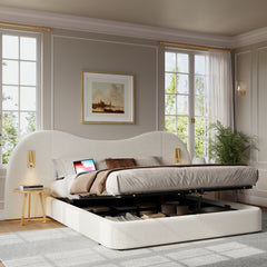 Upholstered Bed, Double Bed, 180 X 200 Cm, Hydraulic Bed With USB Charging Port And Reading Lamp, Bed With Slatted Base, Headboard, And Ample Storage Space, Upholstered Headboard, White Boucle