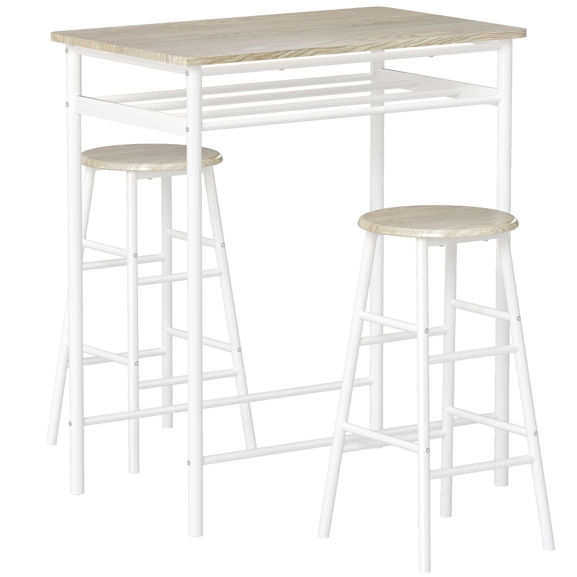 Bar Table Set, Bar Table And Stools Set, Footrest And Storage Shelf, For Kitchen, Dining Room, Pub, Cafe, White And Oak