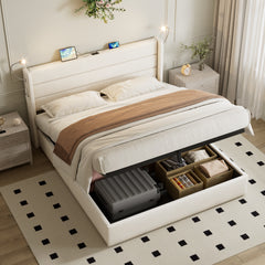 King Upholstered Bed With Charging Station, Linen Hydraulic Storage Bed With Adjustable LED Reading Light, 5ft Double Bed With USB And Type - C Ports, Beige No Mattress