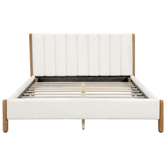 Queen Size Bed Frame With Boucle Upholstered Thick Headboard, Solid Wooden Legs, White