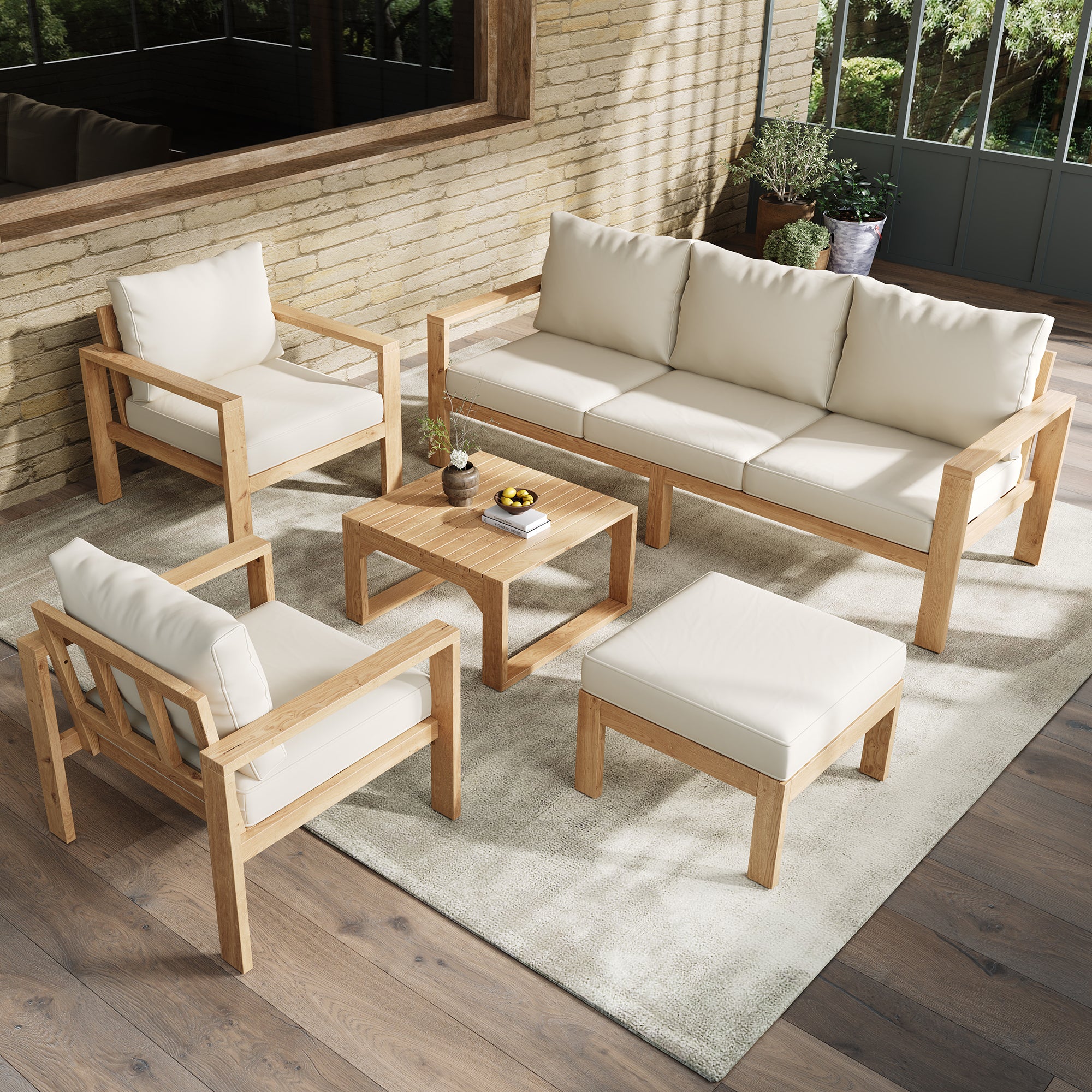 4-6 Seater Garden Lounge Set, Acacia Wood Frame Outdoor Patio Furniture,Includes All Chairs & Backrest Cushions,Three-seater Table - Two Single Seats-  Ottoman  Coffee Table,Natura- Cream