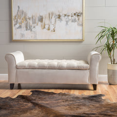 Lvory Fabric Storage Bench With Rolled Arms, 38 Seat Width,  Black Legs, Button Fabric Design, Living Room Bedroom Entryway Furniture