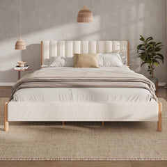 King Size Bed Frame With Boucle Upholstered Thick Headboard, Solid Wooden Legs, White