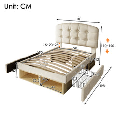 Upholstered Single Bed With Storage Compartments And Drawers, 3ft Single Bed With Adjustable Headboard, 90 X 190 Cm, Velvet, Beige   No Mattress