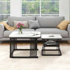 Nest Of 2 Tables  Square Coffee Table Coffee Table Set Nesting Sofa Table Multi-functional End Side Table Nesting Tables With Black Metal Frame Legs And Marble Pattern White Top For Living Room Home