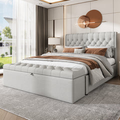 Upholstered Bed,Double Bed-4ft6 135x190cm,with Upholstered Bench 135 X 41 X 42 Cm, With Hydraulic Lever, Functional Storage Bed, Rivet Decoration, Linen, Light Grey