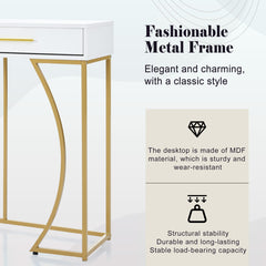 Console Table, Hallway Table With 2 Drawers, Light Luxury Style Side Table, Sofa Table, 110x32x85 Cm, White Gold