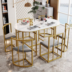 Six-Chair Dining Table Set White Table, Chairs With Backrests And Gray Upholstery, Gold Iron Frame,Dining Room Table And Chair Set,Modern Dining Table Combination