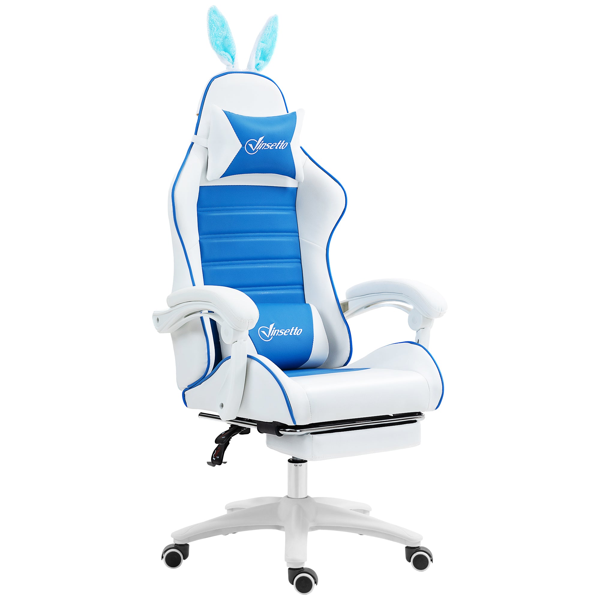 Vinsetto Racing Gaming Chair, Reclining PU Leather Computer Chair With Removable Rabbit Ears, Footrest And Lumber Support, Blue