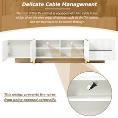 ON-TREND Luxury Fluted TV Stand For TVs Up To 80'', Modern Entertainment Center With Storage Cabinets & Drawers, Smooth Media Console With Golden Wood Grain Legs For Living Room, White