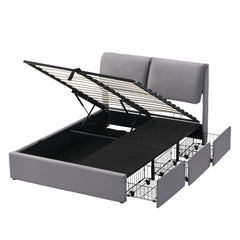 Upholstered Bed,Double Bed-4ft6  135x190cm  Hydraulic Bed, Three Drawers, Bed Box For Storage, Slatted Frame With Headboard, Without Mattress, Velvet, Grey