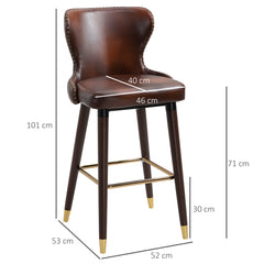 Bar Stools Set Of 2, PU Leather Barstools With Back, Footrest And Wood Legs For Kitchen, Counter, Breakfast Bar, Brown