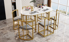 Six-Chair Dining Table Set White Table, Chairs With Backrests And Gray Upholstery, Gold Iron Frame,Dining Room Table And Chair Set,Modern Dining Table Combination