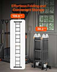 Multi-Purpose Folding Ladder, 7-in-1 Tall Extension Step Ladder, A Frame 3 Step With Scaffolding Plank Telescoping Ladder, 12ft Reach Height Heavy Duty Ladder, 330 Lbs Capacity For Home Outdoor