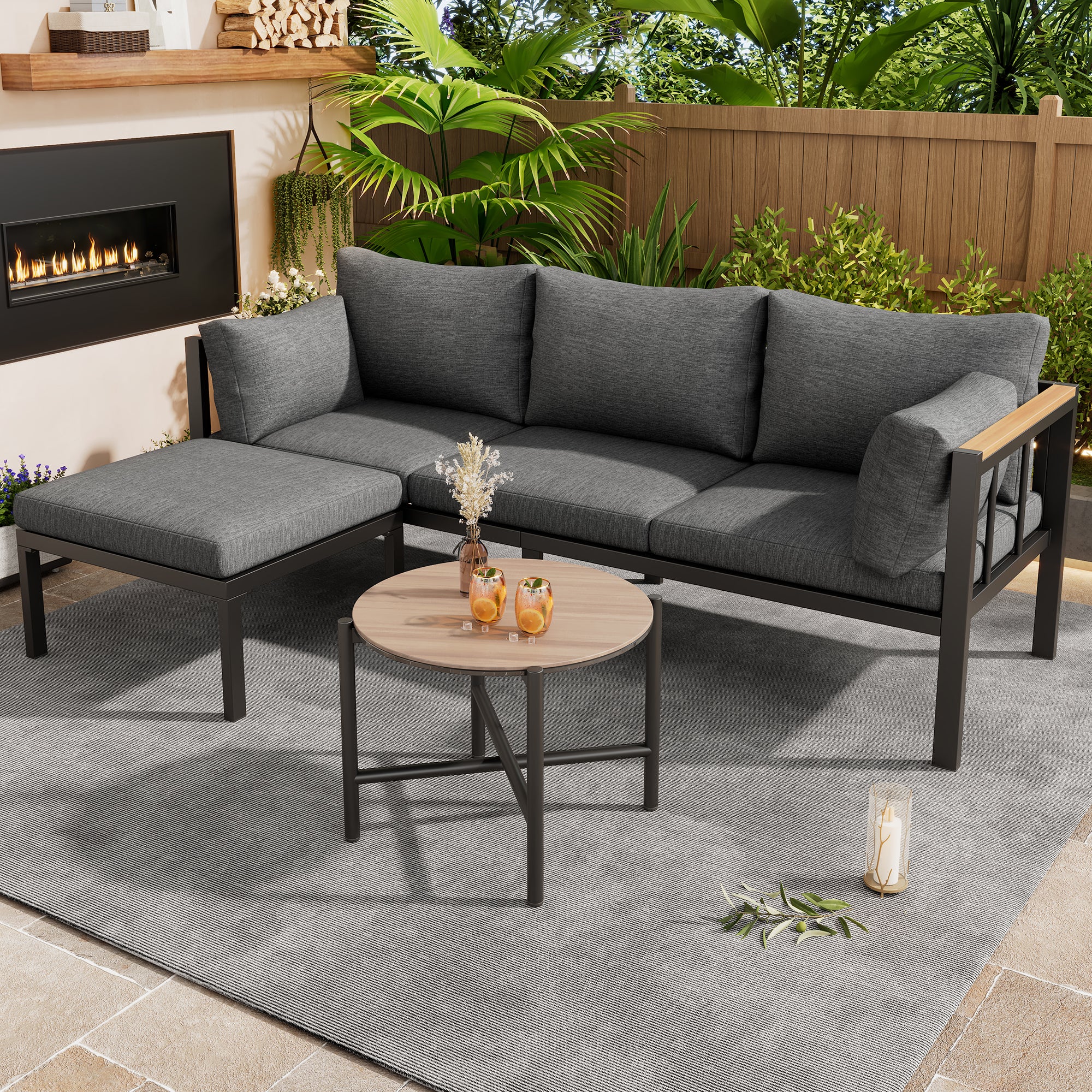 Garden Furniture Set, Corner Set, Sofa  Coffee Table  Footstool, Galvanized Steel Tube, Glass Table Top, Suitable For Gardens, Swimming Pools And Other Outdoor Areas, Grey