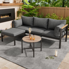 Garden Furniture Set, Corner Set, Sofa  Coffee Table  Footstool, Galvanized Steel Tube, Glass Table Top, Suitable For Gardens, Swimming Pools And Other Outdoor Areas, Grey