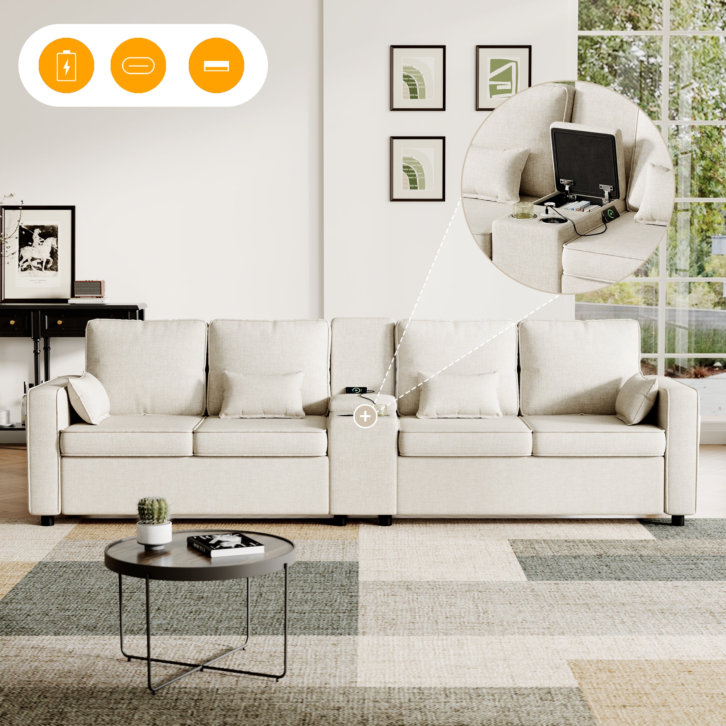 4-Seater Modern Sofa With Storage Console, Minimalist Style Couch With Side Pockets, Cup Holders And Charging Ports USB & Type-C For Living Room, Apartment, Office,Beige, Linen Fabric