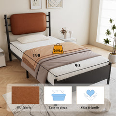 Metal Bed, 3FT Single Bed 90x190cm, With A PU-upholstered Headboard, Durable And Sturdy, Youth Bed, For Adults & Teenagers, Wrought Iron Bed, Black Iron PU
