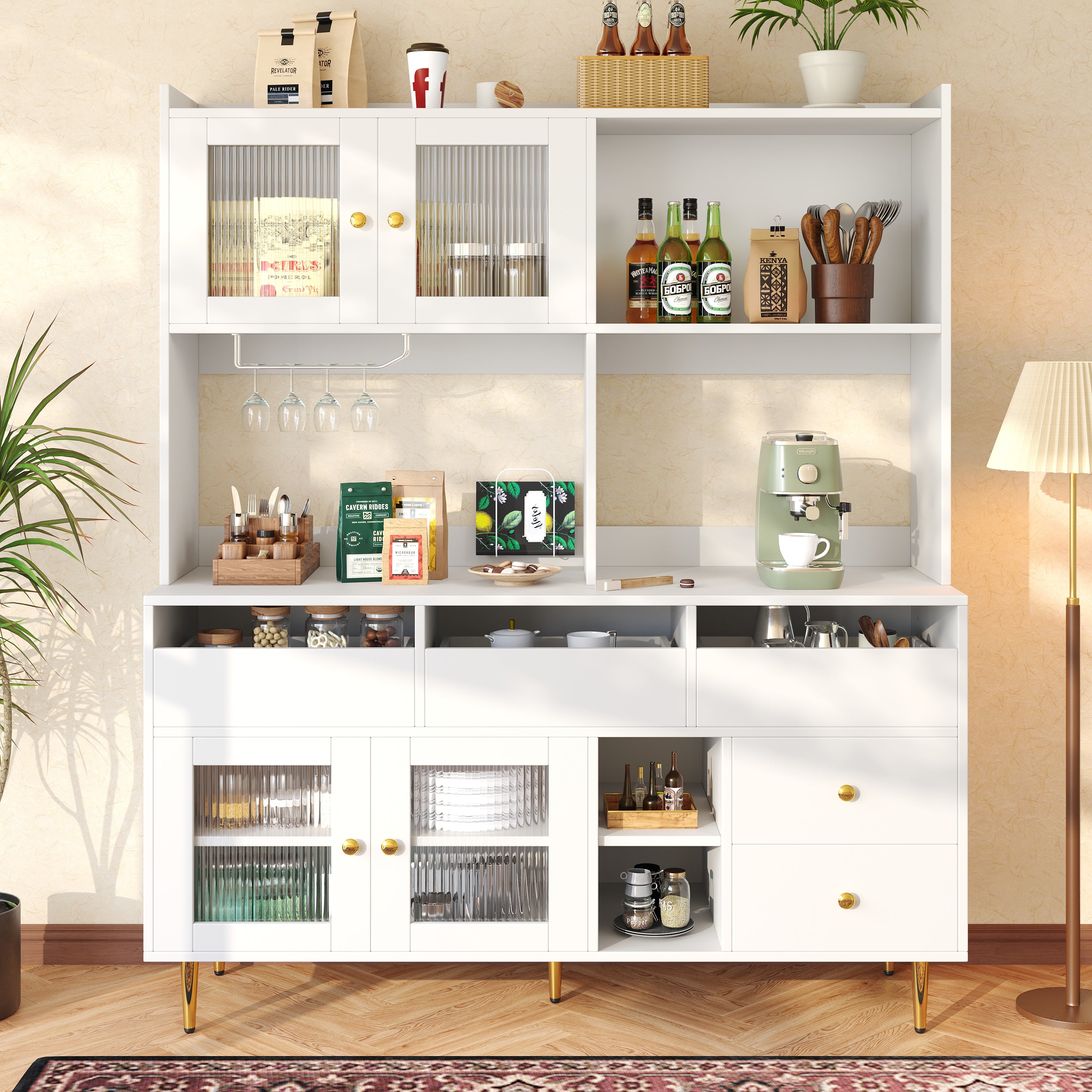 Multi-purpose Storage Cabinet 145 X 39 X 171 Cm, Modern Design, With Changhong Glass Door, Wine Glass Holder, Multi-layered Storage Space, White With Gold Decoration, Suitable For Home And Restaurant