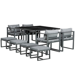 9PCs Patio Aluminium Dining Set, Space Saving Cube Set With 4 Chairs, 4 Ottoman, Cushions, 8 Seater Garden Furniture