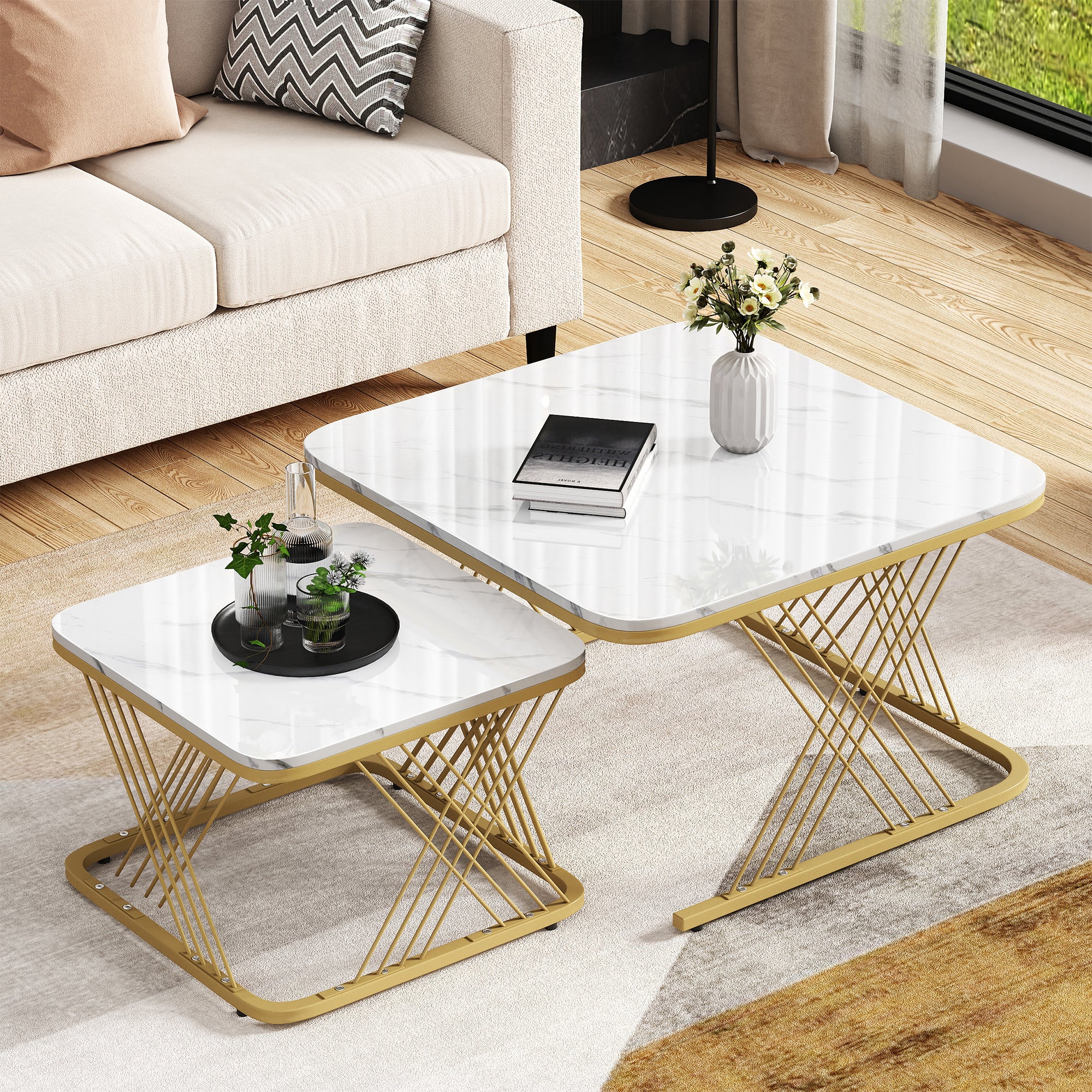 Nest Of 2 Tables,Square Coffee Table Set,Nesting Sofa Table,Multi-functional End Side Table,Nesting Tables With Gold Metal Frame Legs And Marble Pattern White Top For Living Room,70x70x43cm,White Gold