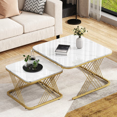 Nest Of 2 Tables,Square Coffee Table Set,Nesting Sofa Table,Multi-functional End Side Table,Nesting Tables With Gold Metal Frame Legs And Marble Pattern White Top For Living Room,70x70x43cm,White Gold
