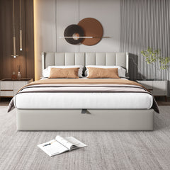 LED Upholstered Super King Size Bed - 6ft 180x200cm With Storage & Hydraulic Lift, USB Charging Ports, Adjustable Headboard & Lighting, PU , Grey