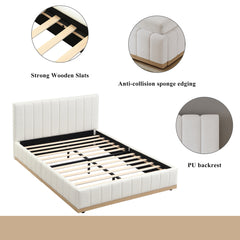 Upholstered Bed, 4ft6 Double Bed 135x190cm, Sturdy Bed Slats, Comfortable Soft Headboard, PU  MDF Plywood, Beige