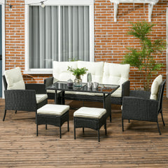 5 Seater Rattan Garden Furniture Set, 6 Piece Garden Sofa Set, Armchairs, 3-Seater Sofa, Footstools, Glass Dining Table, Cushions, Wicker Outdoor Furniture For Conservatory Patio, Cream